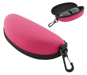 Hard Shell Glasses Case with Zipper and Clip, Pink
