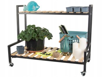 Wooden Two-level Shelf on Wheels for Terrace Garden Home