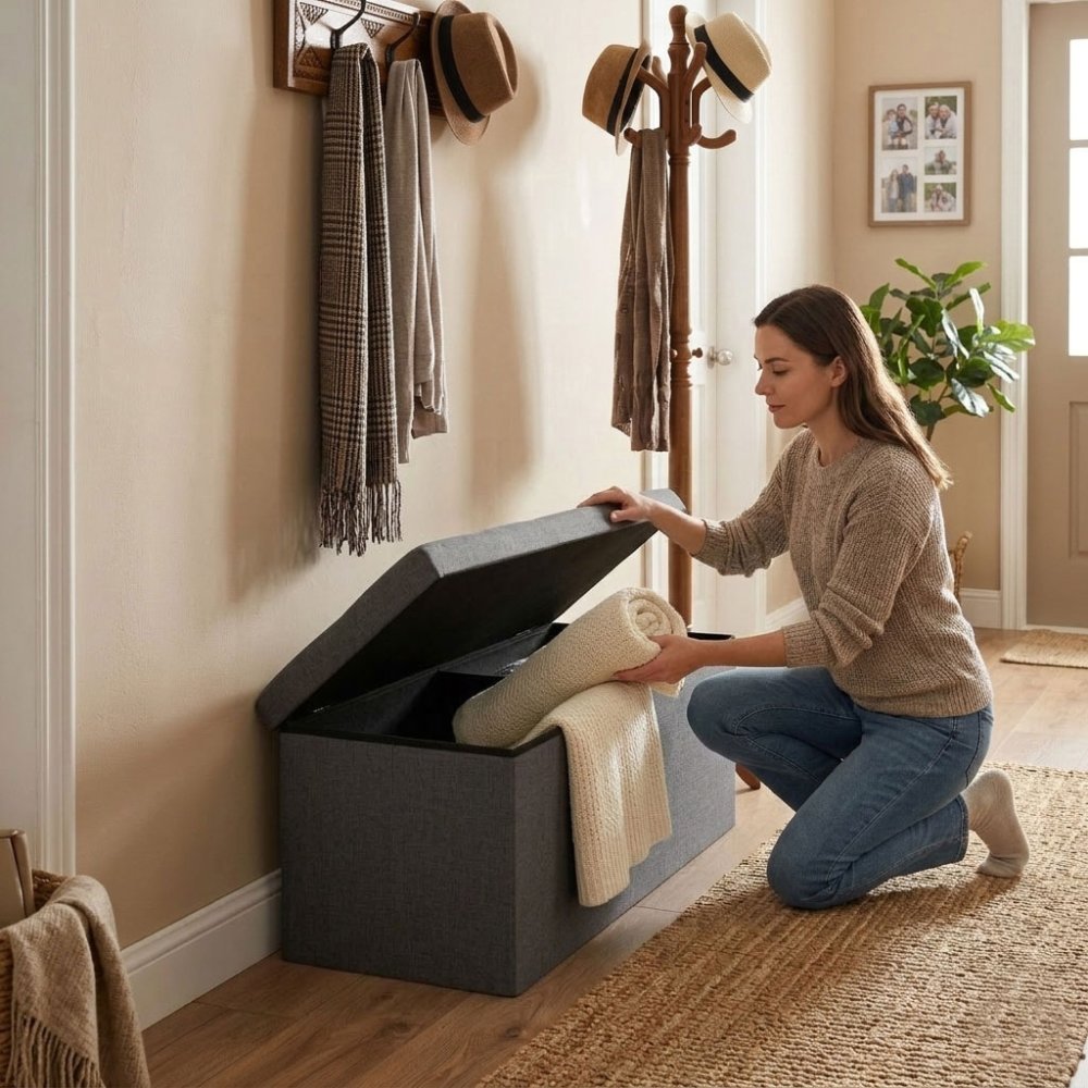 Storage Ottoman Bench 111x38 cm Upholstered ModernHome, dark grey (0)