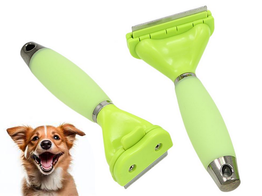 Deshedding tool for dogs and cats, undercoat rake for shedding, stainless steel, green (1)