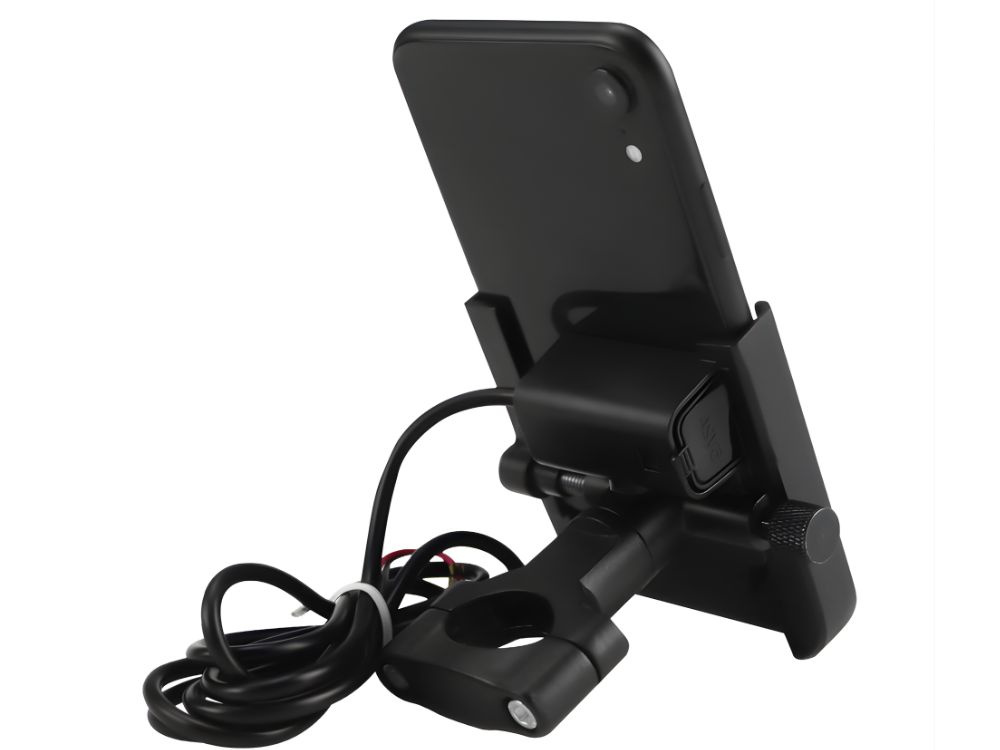 Motorcycle Phone Mount with USB Charger, Adjustable Handlebar Holder, Black (1)