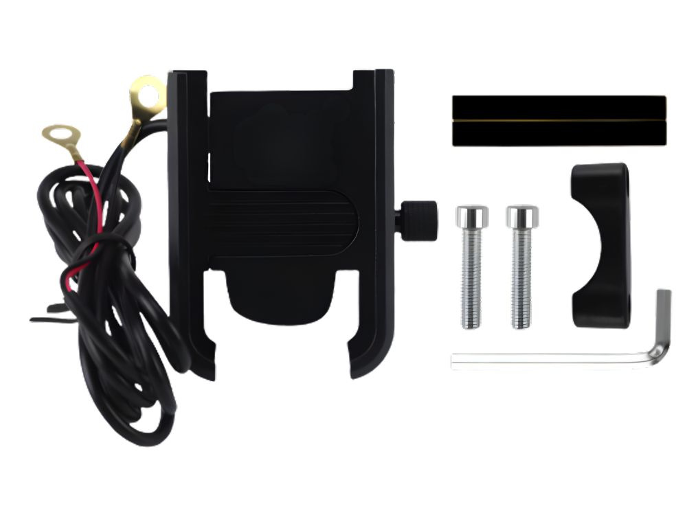 Motorcycle Phone Mount with USB Charger, Adjustable Handlebar Holder, Black (3)