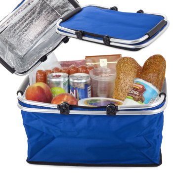 Foldable insulated picnic basket for shopping and outings, blue