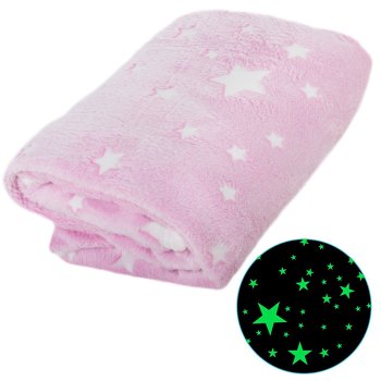 Soft Glow in the Dark Throw Blanket for Bed 150x180 cm, Pink with Stars