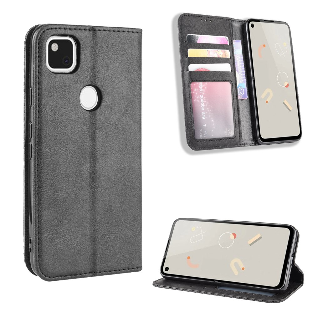 Google Pixel 4a Retro Magnetic Leather Case Cover with Card Slots, Black (2)
