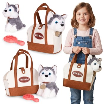 Plush Husky Dog in Carrier Purse with Grooming Brush Toy for Kids