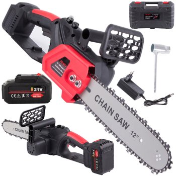 Cordless Chainsaw 1200W 30cm with 21V Battery, Black-Red