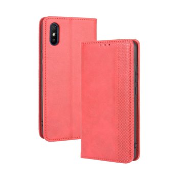 Xiaomi Redmi 9A PU Leather Retro Style Wallet Protective Cover Case, Red