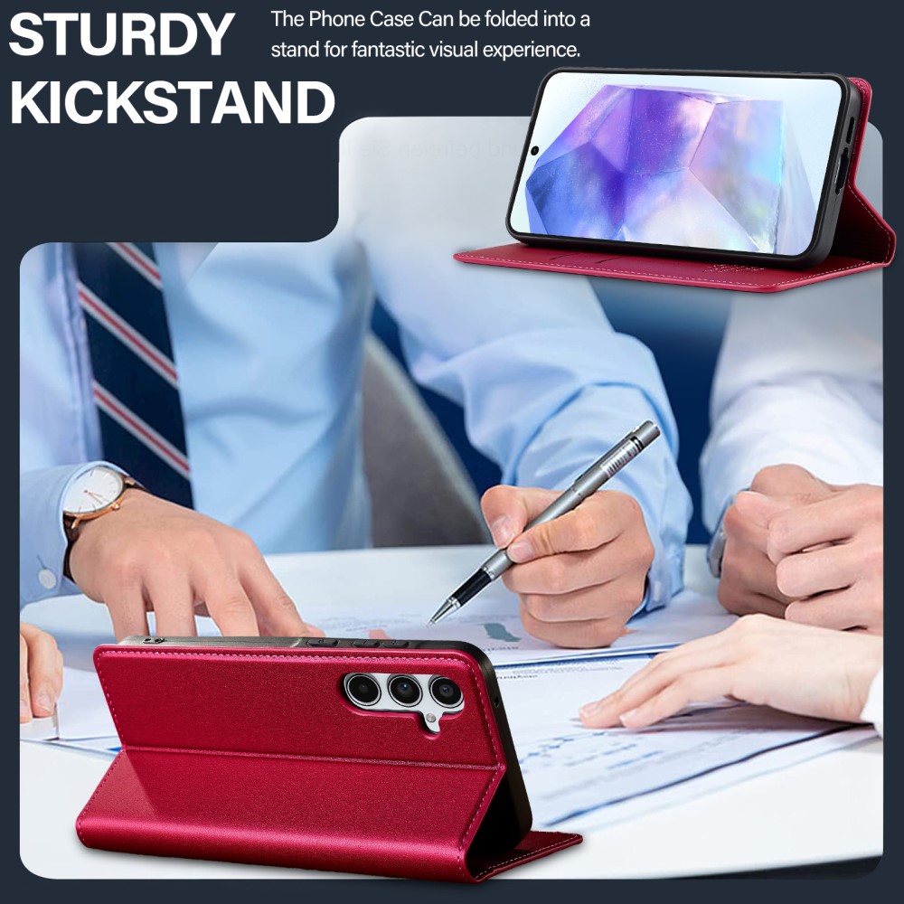 Samsung Galaxy A55 ( SM-A556B/DS ) LC.IMEEKE PU Leather Wallet Protective Book Case Cover, Red (2)