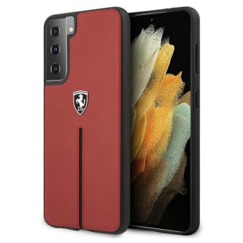 Ferrari Samsung Galaxy S21 Case Off Track Leather Nylon Stripe, Red