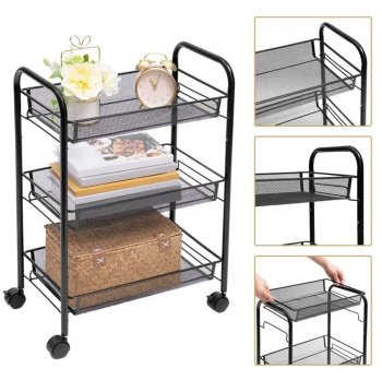 Three Level Storage Trolley on Wheels, Rolling Cart Organizer Shelf for Bathroom Kitchen Laundry Room Narrow Places, Black