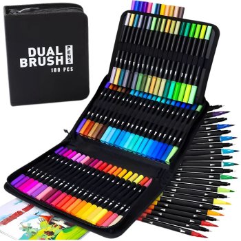 Dual Tip Watercolor Markers 100 Colors, Brush and Fineliner Art Pens Set with Case