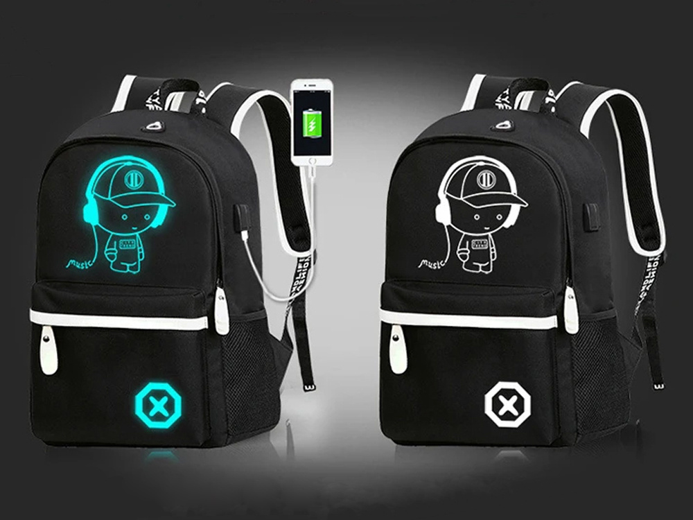 Luminous Reflective Teen School Backpack with USB Port, Black (2)