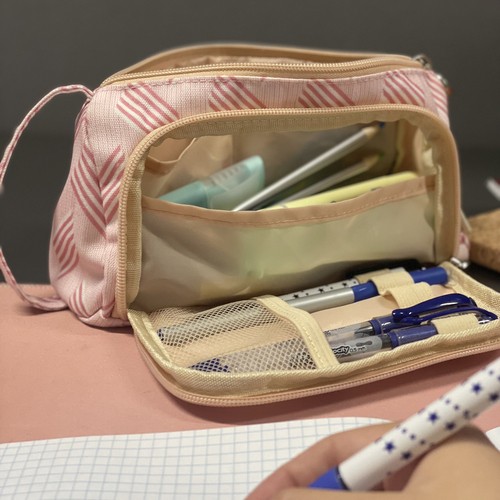 Two-Compartment Folding School Pencil Case Pouch, Pink (2)