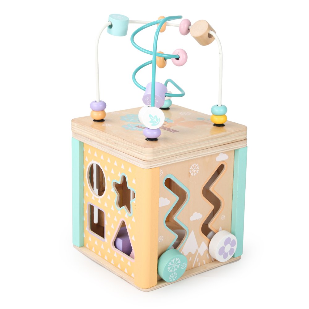 ECOTOYS Wooden Activity Cube with Shape Sorter and Bead Maze (1)