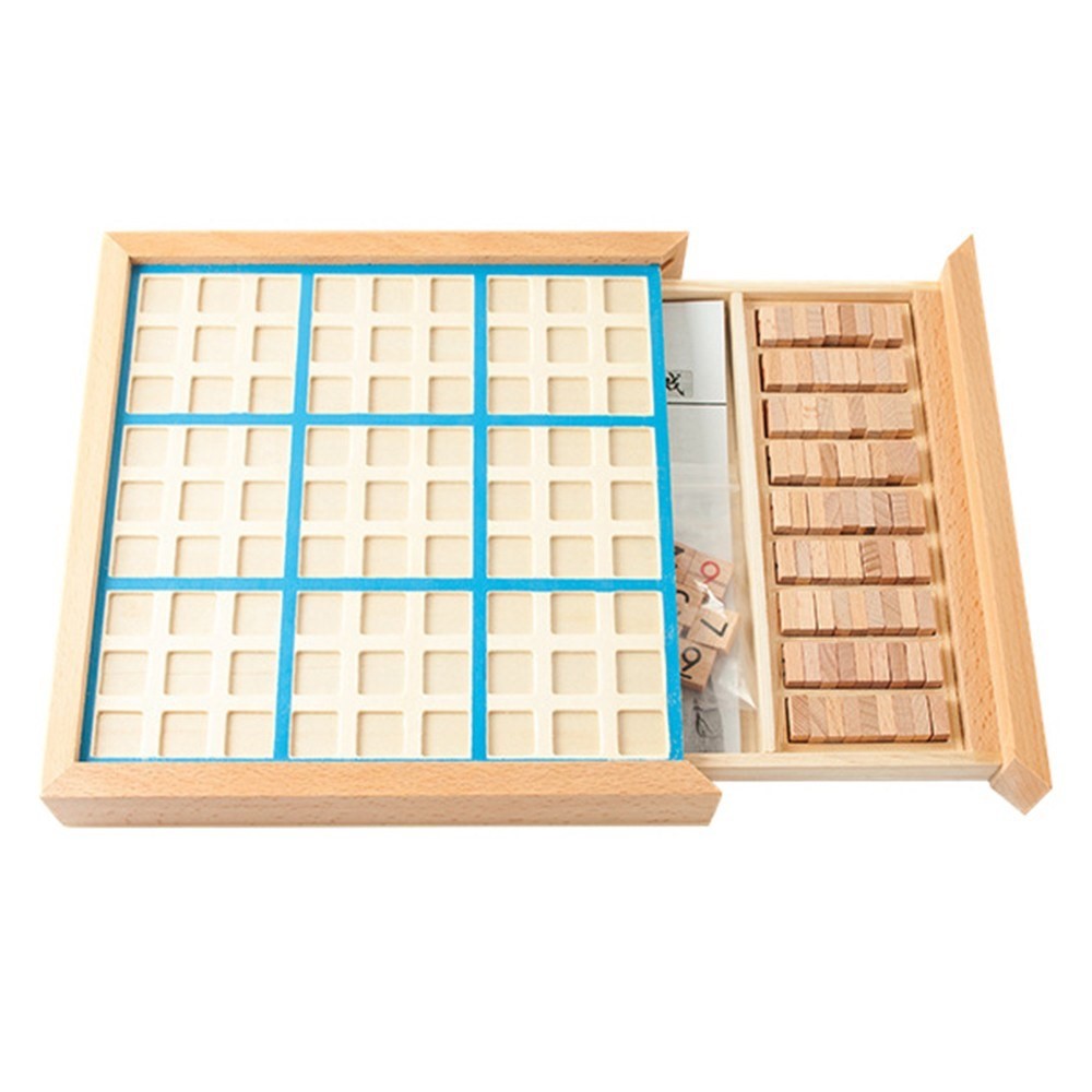 Wooden Sudoku Board Puzzle Set with Drawer Math Brain Teaser, Blue (0)