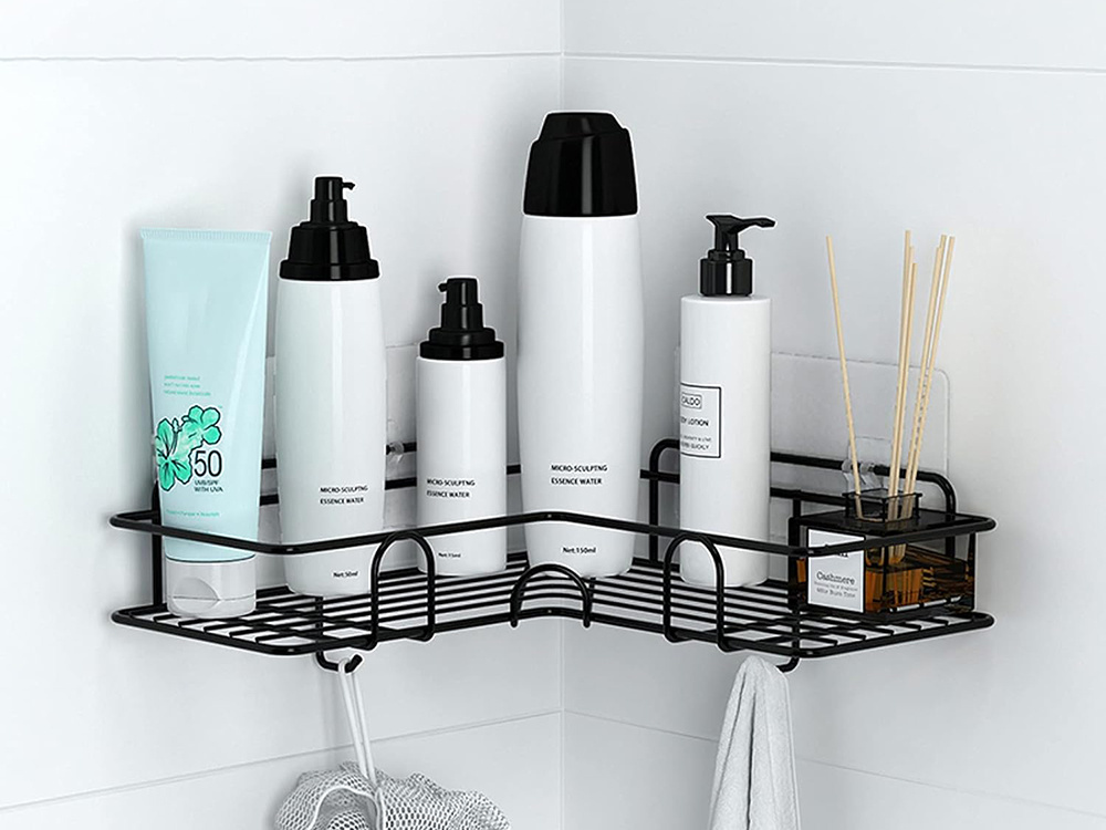 Loft corner bathroom shower shelf hanging hook black (1)