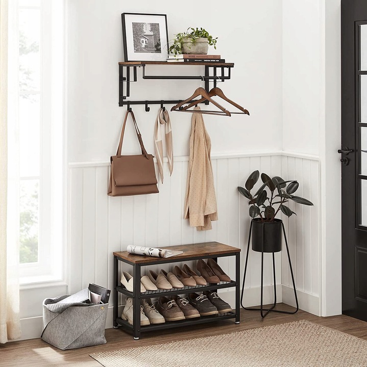 Wall-Mounted Shelf with Hooks for Entryway and Bathroom Clothes Hanger Coat Rack (5)