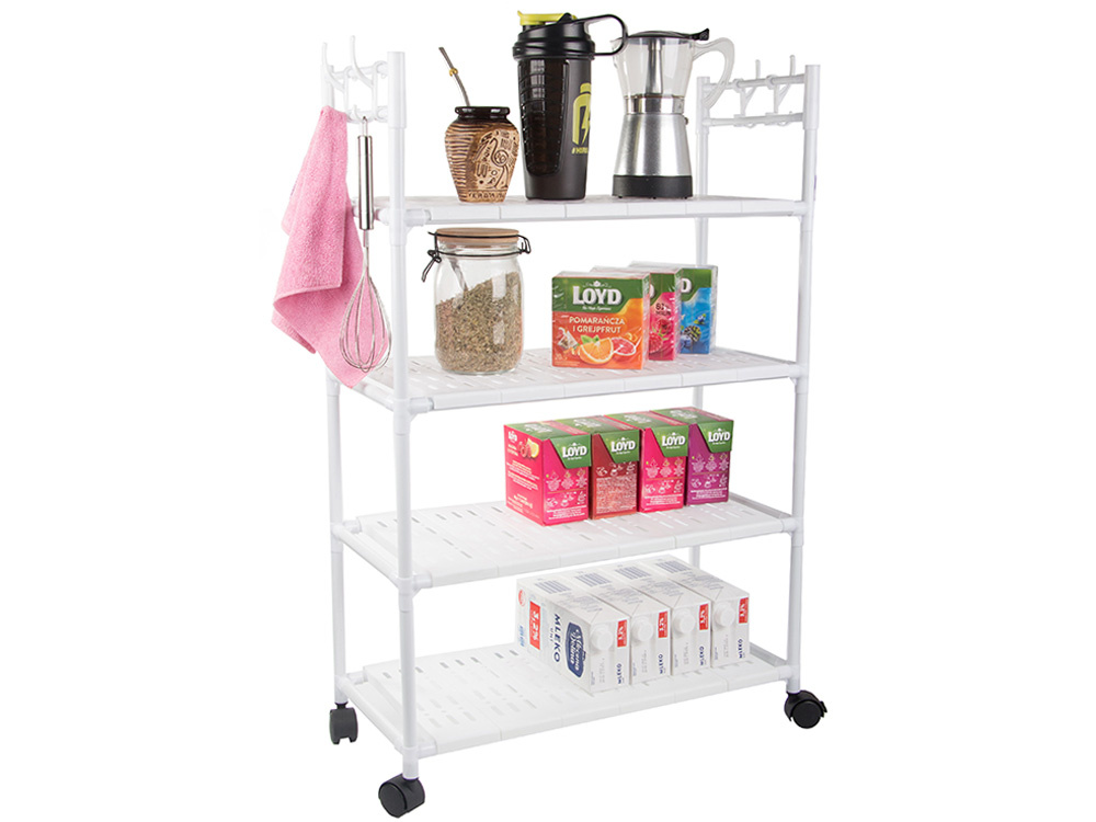 Bathroom shelf kitchen cabinet mobile bookcase on wheels 4 levels hooks (0)