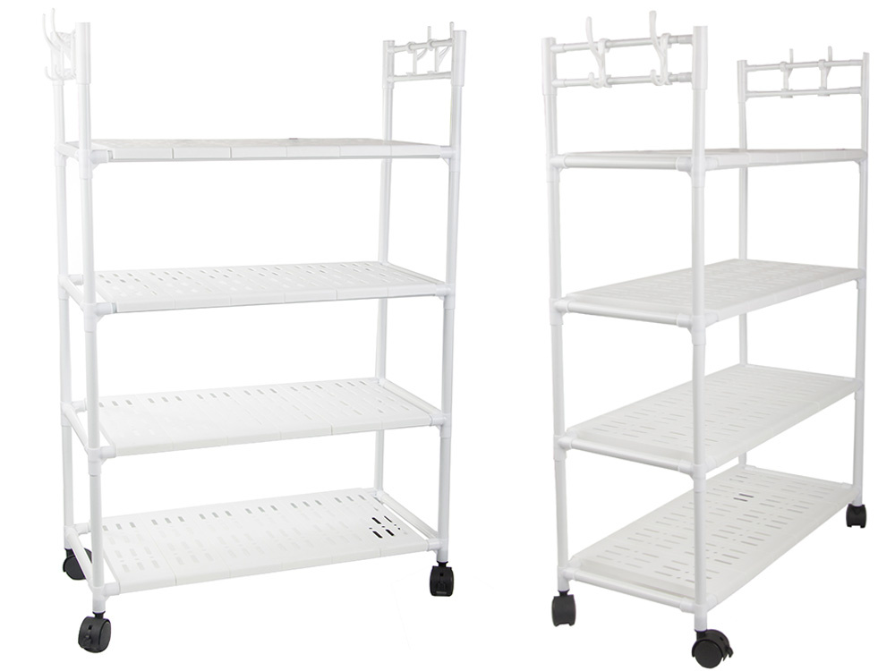 Bathroom shelf kitchen cabinet mobile bookcase on wheels 4 levels hooks (1)