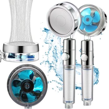 Shower head with turbine, replaceable filter and fan, silver/blue