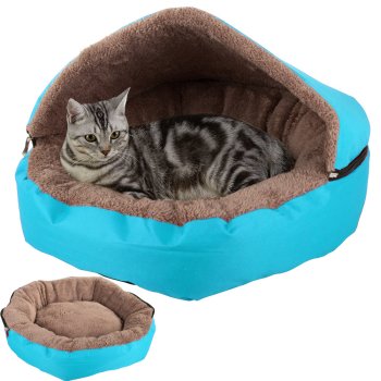 Soft pet house bed for cat or dog with removable roof, blue