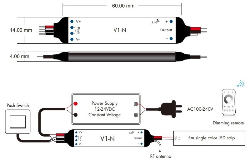 LED Strip Controller V1-N 12-24V 3A Push-Dim RF 2.4GHz Dimmer (0)