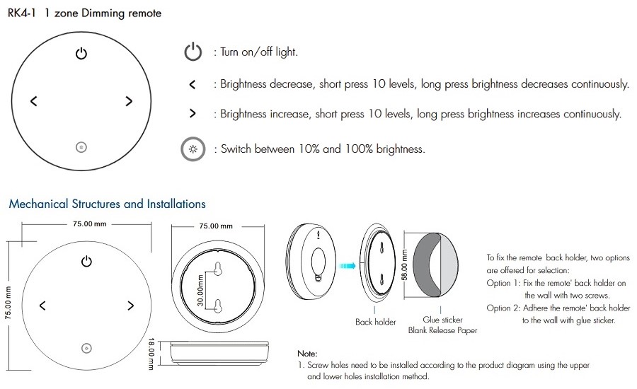 Single Color LED Dimmer Remote RK4-1 RF 2.4GHz 1-Zone (0)
