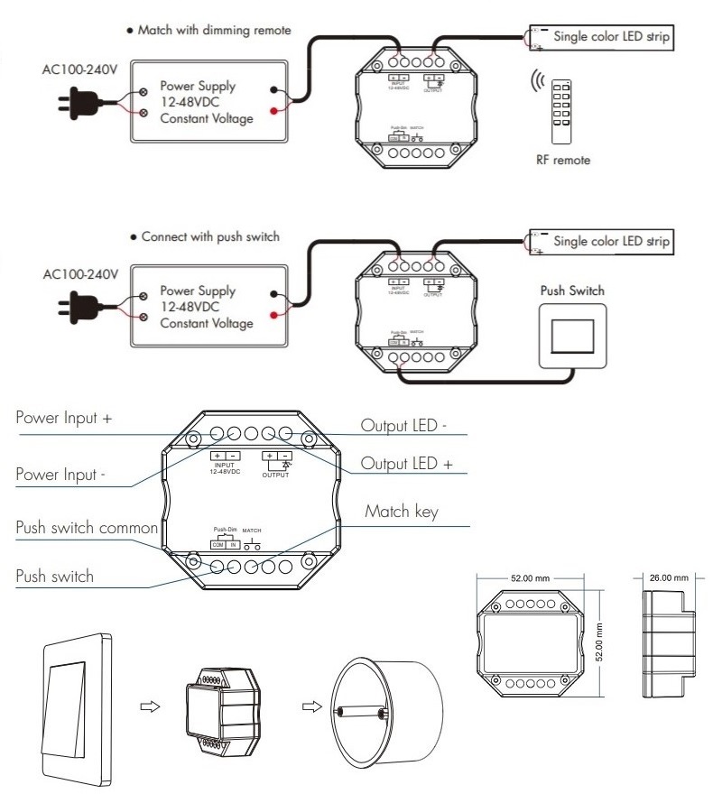 V1-H LED Dimmer Controller 12-48V 8A Push-Dimm RF 2.4GHz (0)