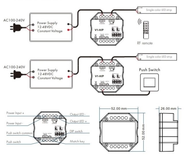 Smart LED Controller V1-H/P 12-48V 8A Push-Dim RF 2.4GHz (0)