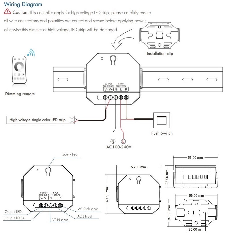 High Voltage LED Dimmer S1-HV 100-240V AC 360W Push-Dimm RF Control (0)