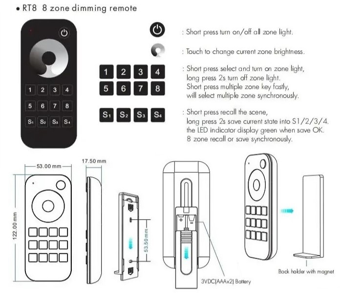 RT8 8-Zone LED Remote Control Single Color Dimmer RF 2.4GHz (0)