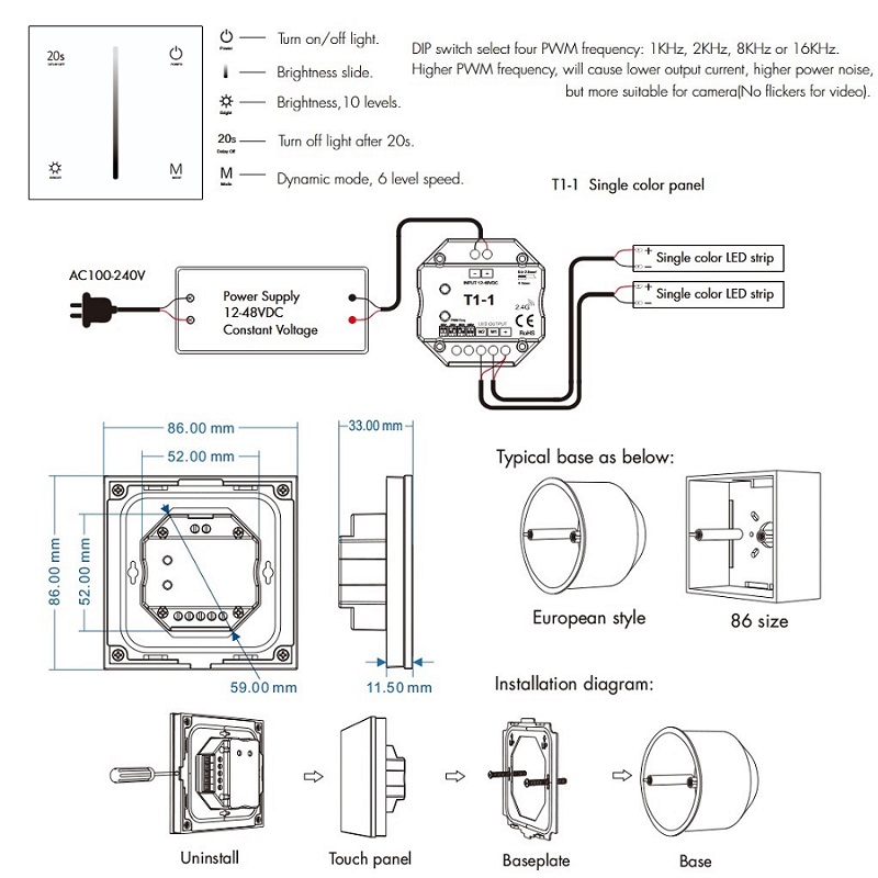 Touch Panel LED Dimmer T1-1 Wall Switch 12-48V 2-Channel Glass (0)