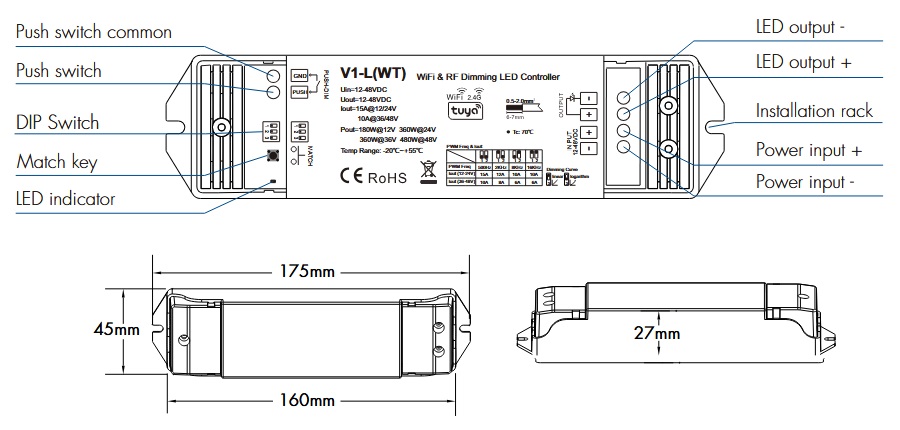 Smart LED Controller V1-L(WT) Tuya Wi-Fi RF Push-Dimm 12-48V 15A (0)