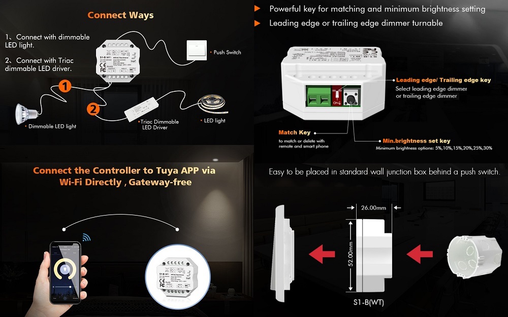 Smart AC Triac Dimmer S1-B(WT) Tuya Wi-Fi & RF Push Control (0)