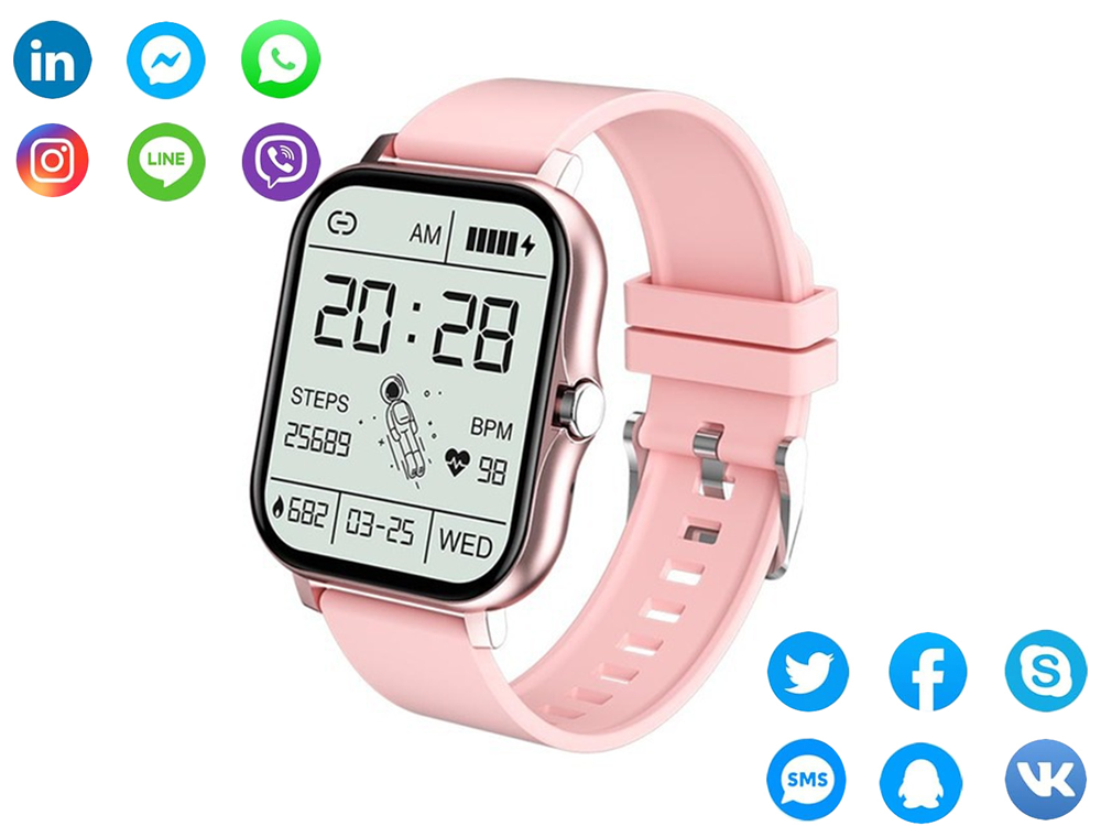 Smartwatch with Bluetooth Calls and Sports Modes, Rubber Strap, Pink (1)