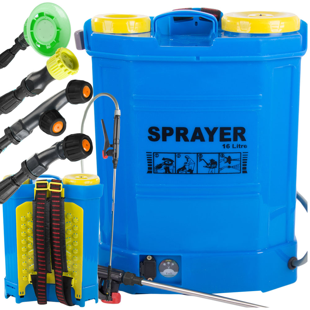 Battery backpack pressure garden sprayer with long telescopic lance, 16L, blue