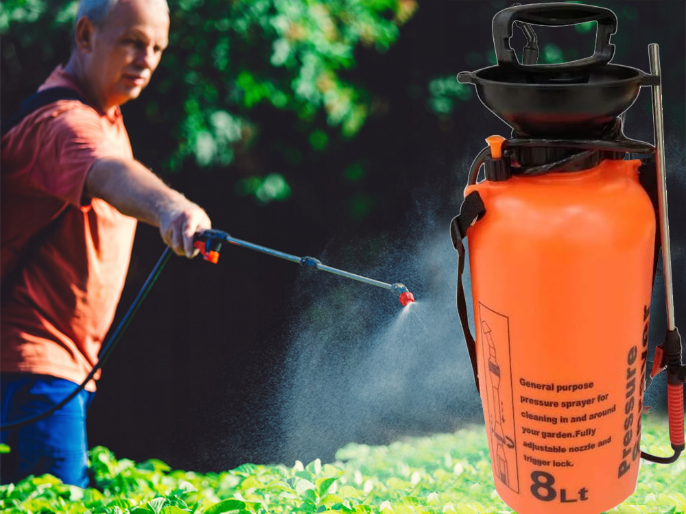 Hand pressure garden sprayer with long lance, 8L, shoulder strap, orange (3)