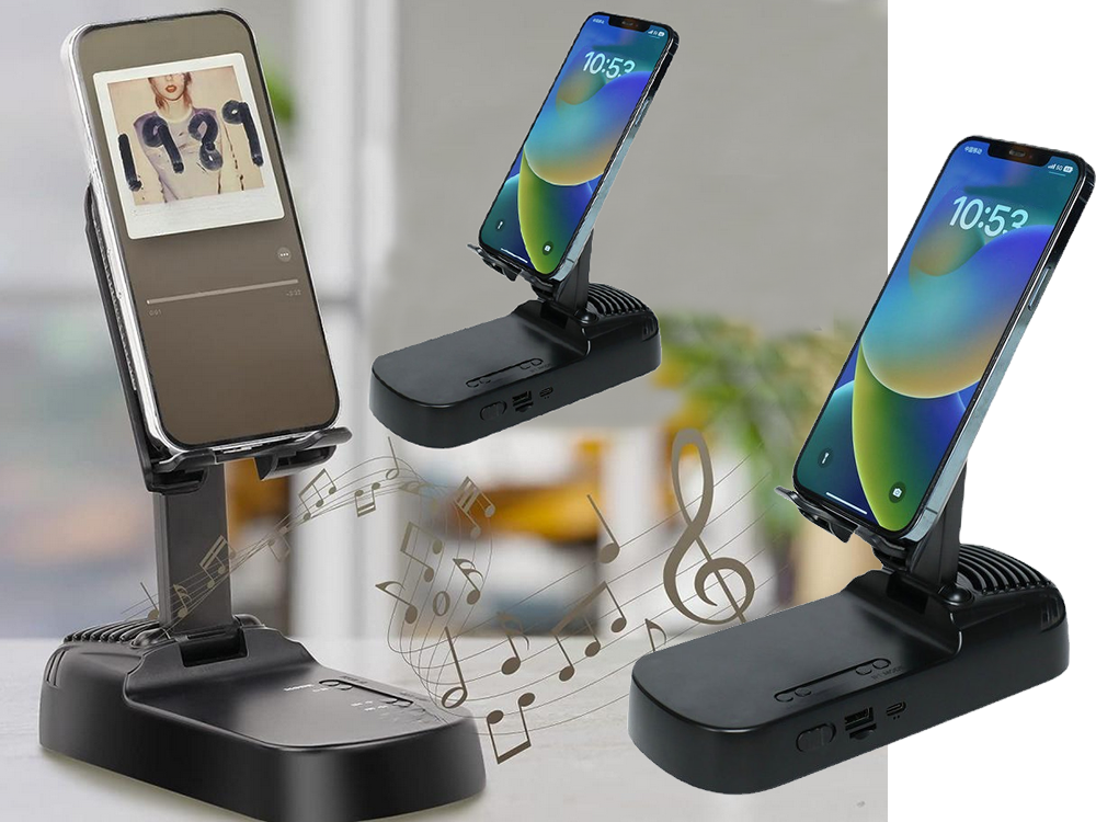 Telescopic Phone Stand with Bluetooth Speaker & Power Bank, Black (0)