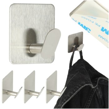 Ex-Display Self-Adhesive Wall Hooks, Stainless Steel Set of 4, Silver