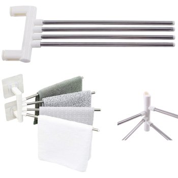 Swivel Towel Rack with 4 Swing Arms, Wall-Mounted Adhesive Holder, White