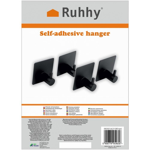 Ruhhy Self-Adhesive Towel Hooks, No-Drill Set of 4, Black 25037 (0)