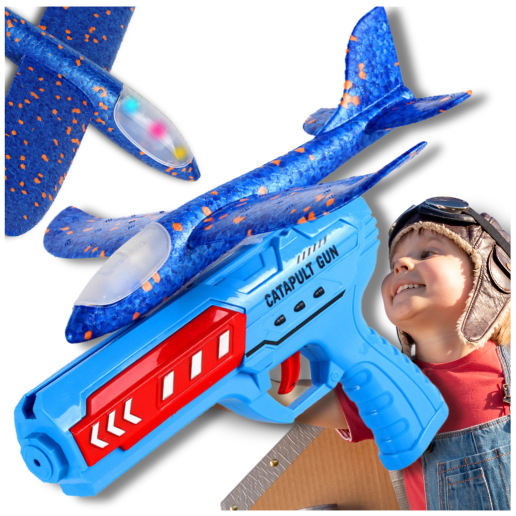Foam Glider Airplane with Launcher Pistol, LED Light Up Toy, Blue