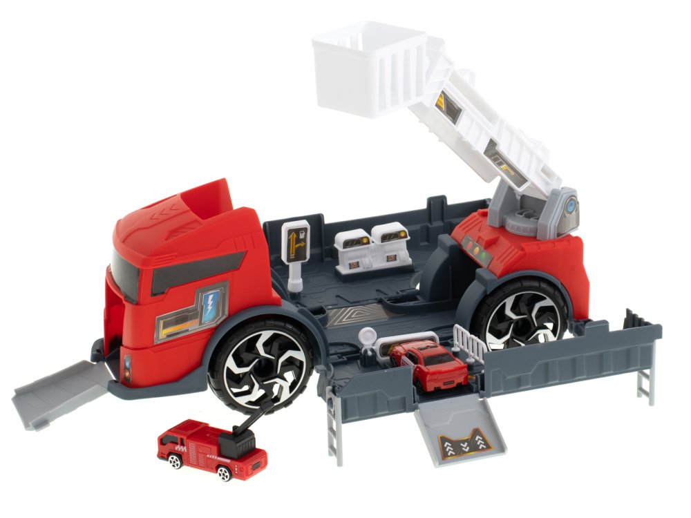 2-in-1 Fire Truck Car Transporter with 2 Toy Cars, Red (0)