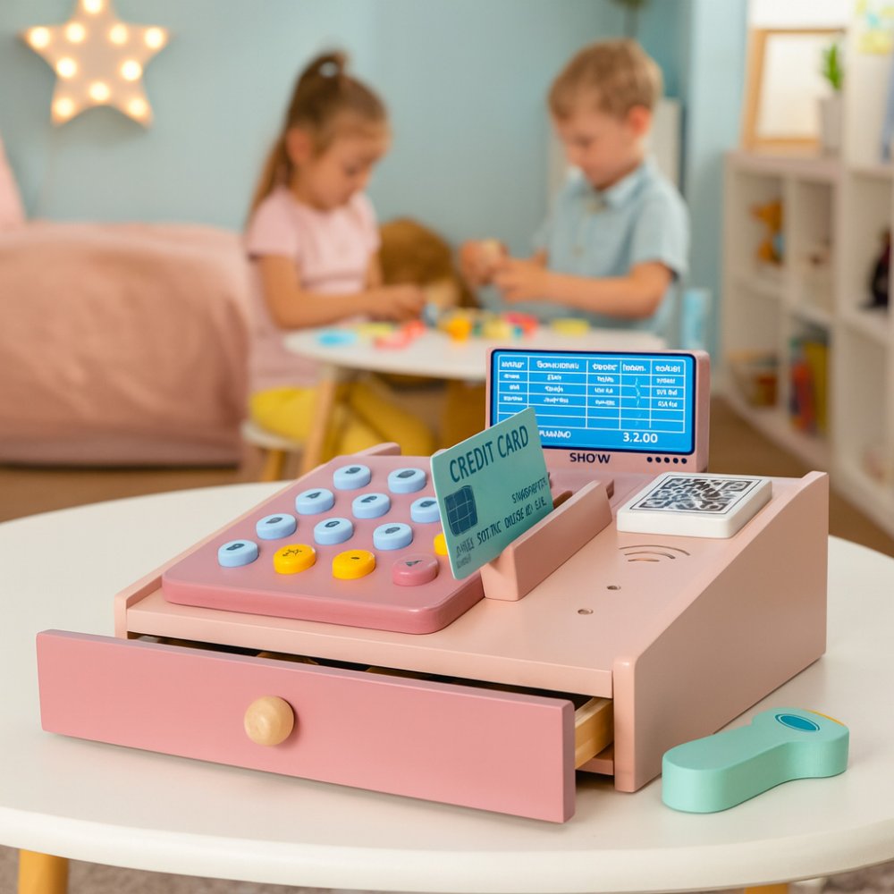 Wooden Toy Cash Register for Kids with Scanner, Play Money and Card (1)