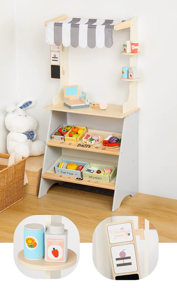 Kids Play Store Wooden Vegetable Stall Supermarket + Accessories (6)