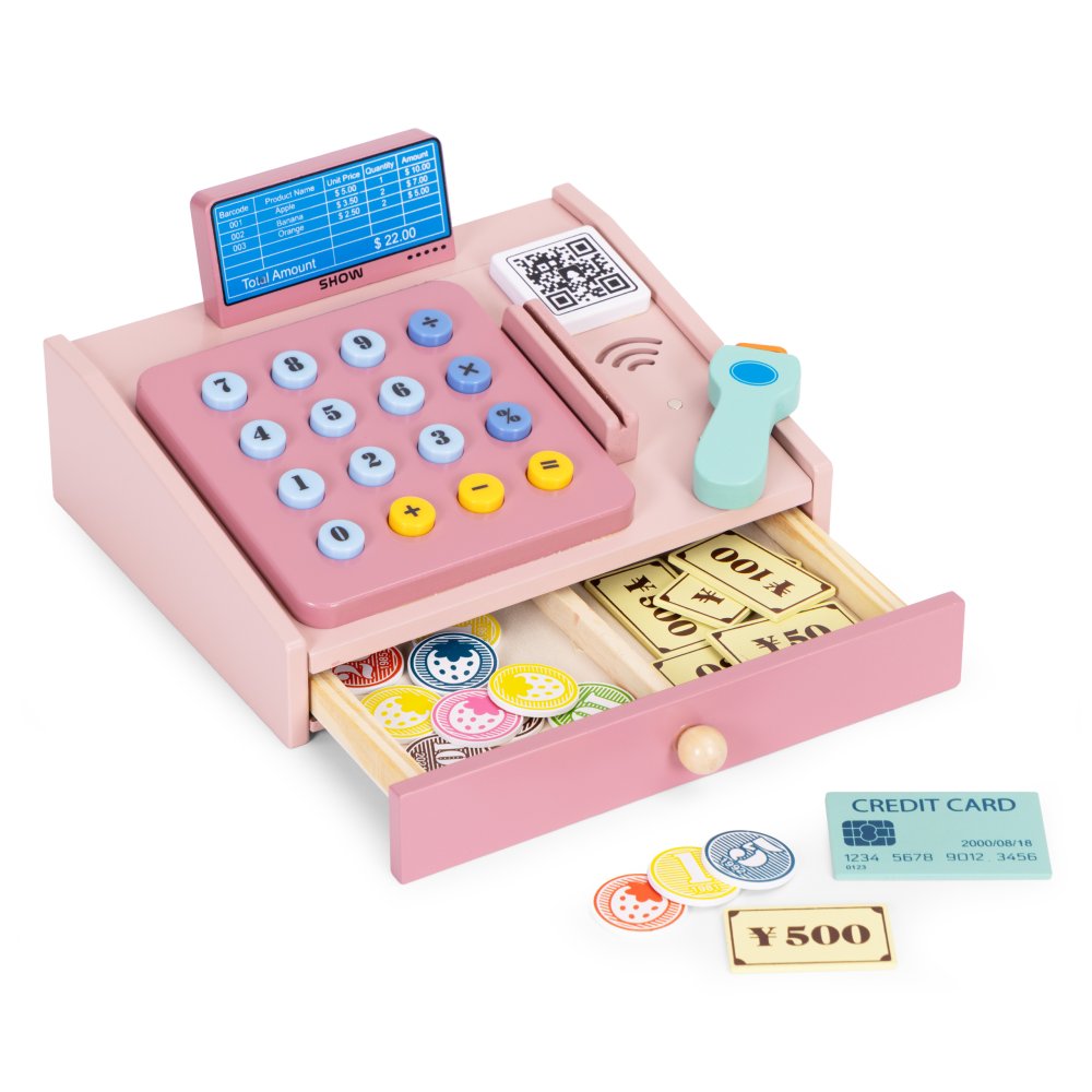 Wooden Toy Cash Register for Kids with Scanner, Play Money and Card (2)