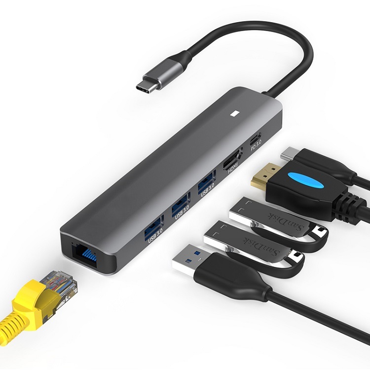 Adapter USB Type-C - HDMI, LAN, 3x USB 3.0 Type-A, USB Type-C PD100W (0)