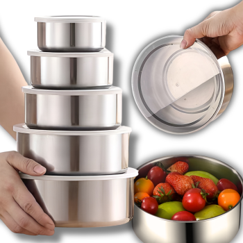 Kitchen Bowl Set with Lids, 5 Pieces, Stainless Steel
