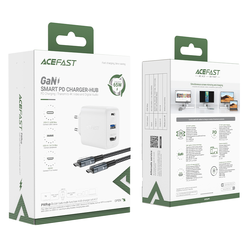 Acefast 2in1 charger GaN 65W USB Type C / USB, adapter adapter HDMI 4K @ 60Hz (set with cable) white (A17 white) (2)